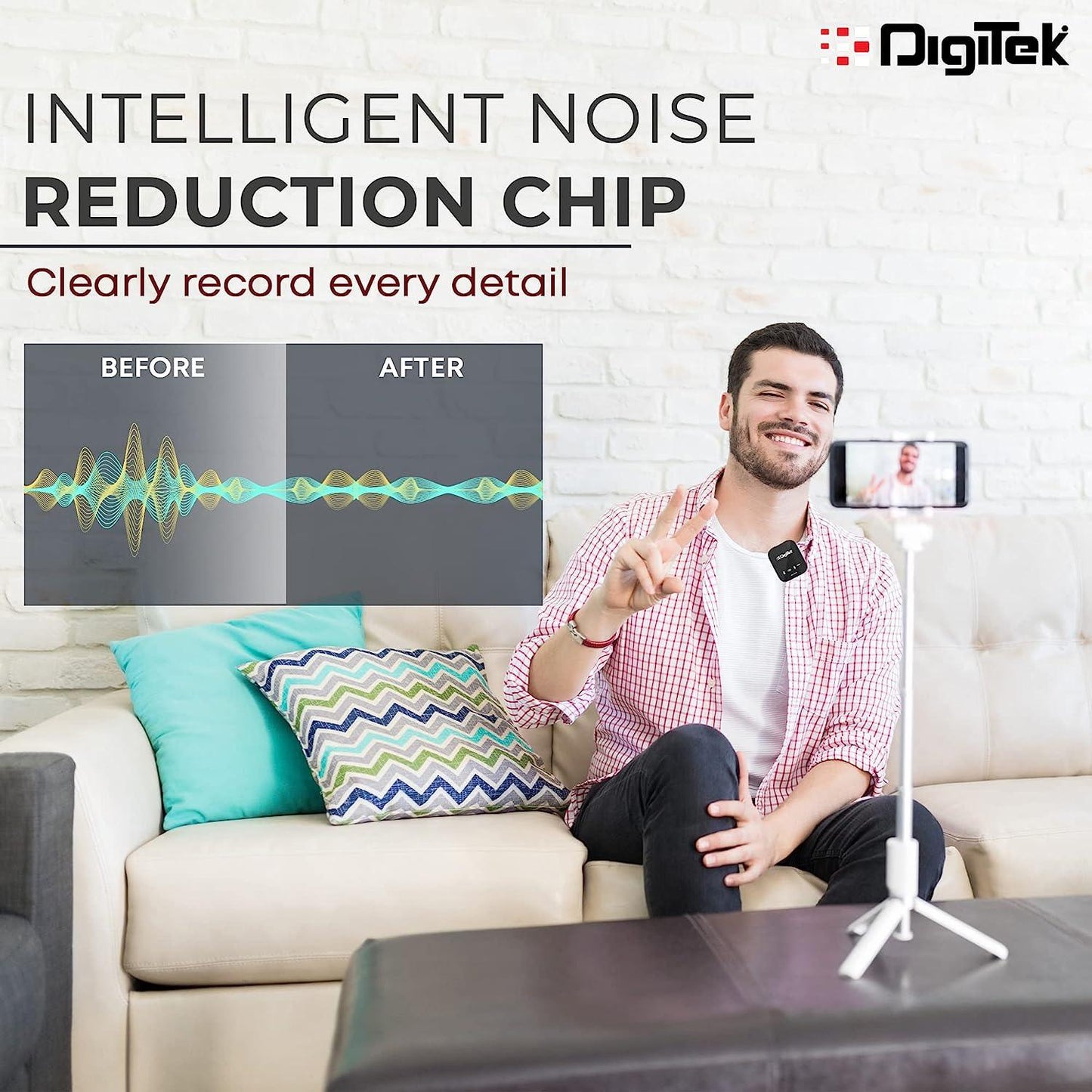Digitek (DWM 101) Wireless Microphone System | 360° Sound Capture with ANC | For DSLR, Smartphones & PC