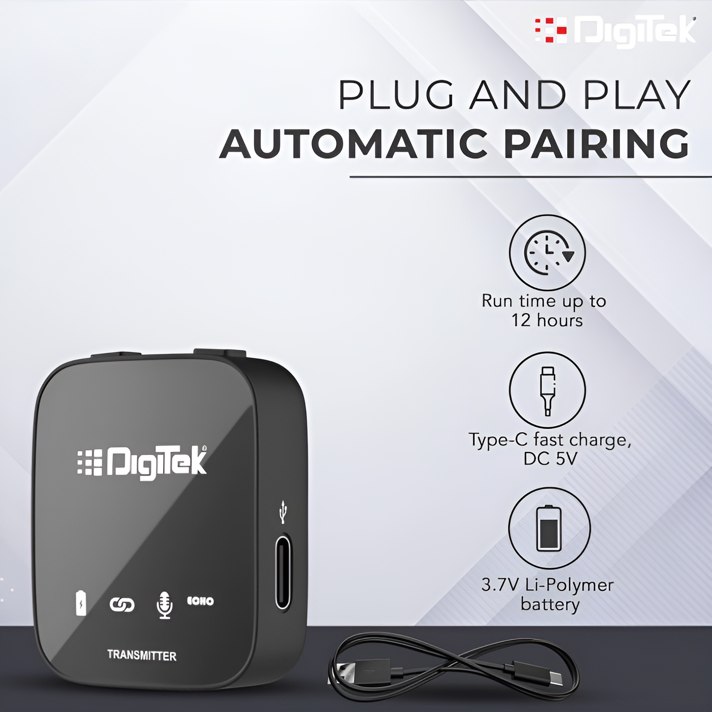 Digitek (DWM 101) Wireless Microphone System | 360° Sound Capture with ANC | For DSLR, Smartphones & PC