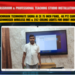 Smart Classroom & Professional Teaching Studio Installation in Ranchi Jharkhand with Benchmark Technomate Sigma AI ZX 75 Inch Panel, 4K PTZ Camera, Sennheiser Wireless Mic & 2x2 Ceiling Lights for Orbit India