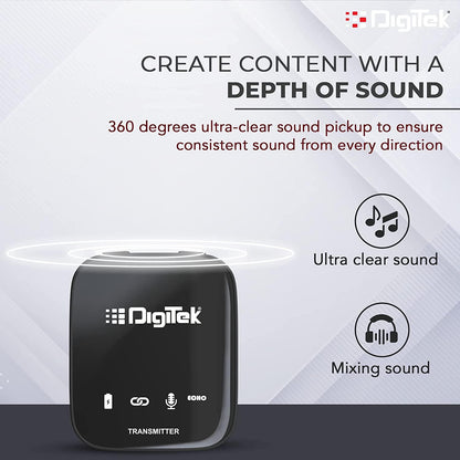 Digitek  (DWM 101) Wireless Microphone System | 360° Sound Capture with ANC | For DSLR, Smartphones & PC