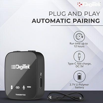Digitek  (DWM 101) Wireless Microphone System | 360° Sound Capture with ANC | For DSLR, Smartphones & PC